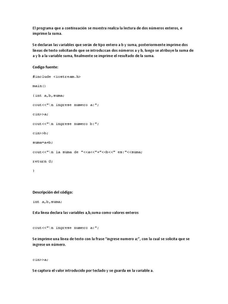 Suma de dos números en C++ | PDF | Métodos y materiales de enseñanza ...