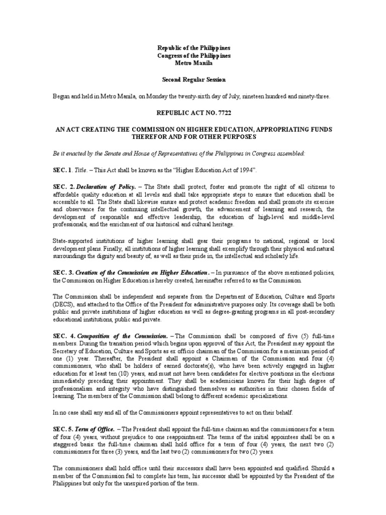 Philippines Higher Education Act | PDF | Vocational Education | Economies