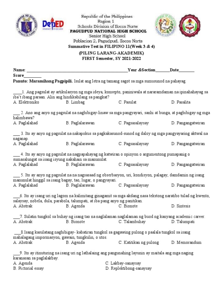 Summative Test in FILIPINO 11 | PDF