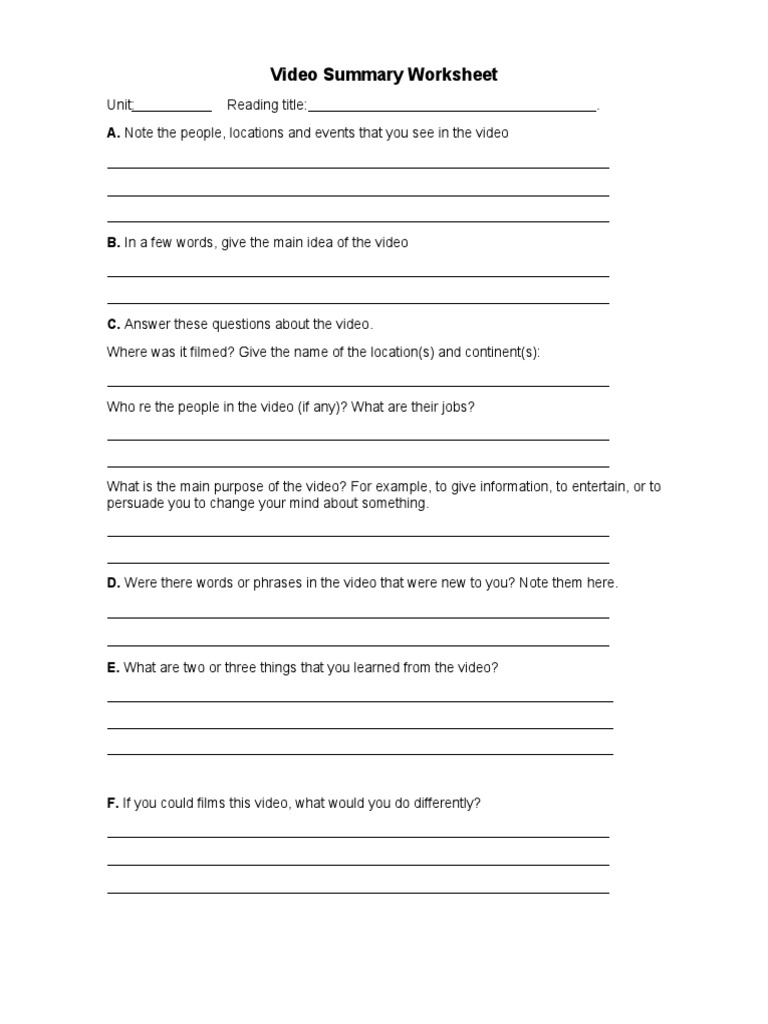 Video Summary Worksheet Guide | PDF