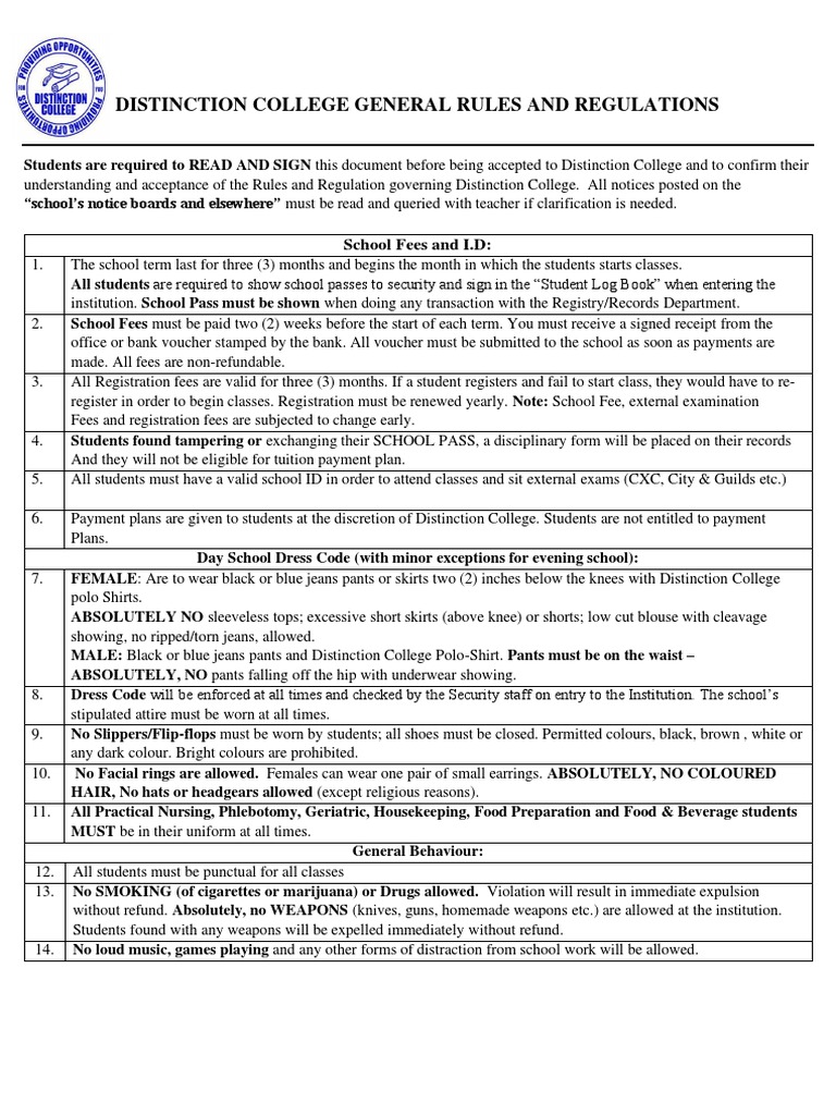Distinction College Rules and Regulations | PDF | Tuition Payments ...