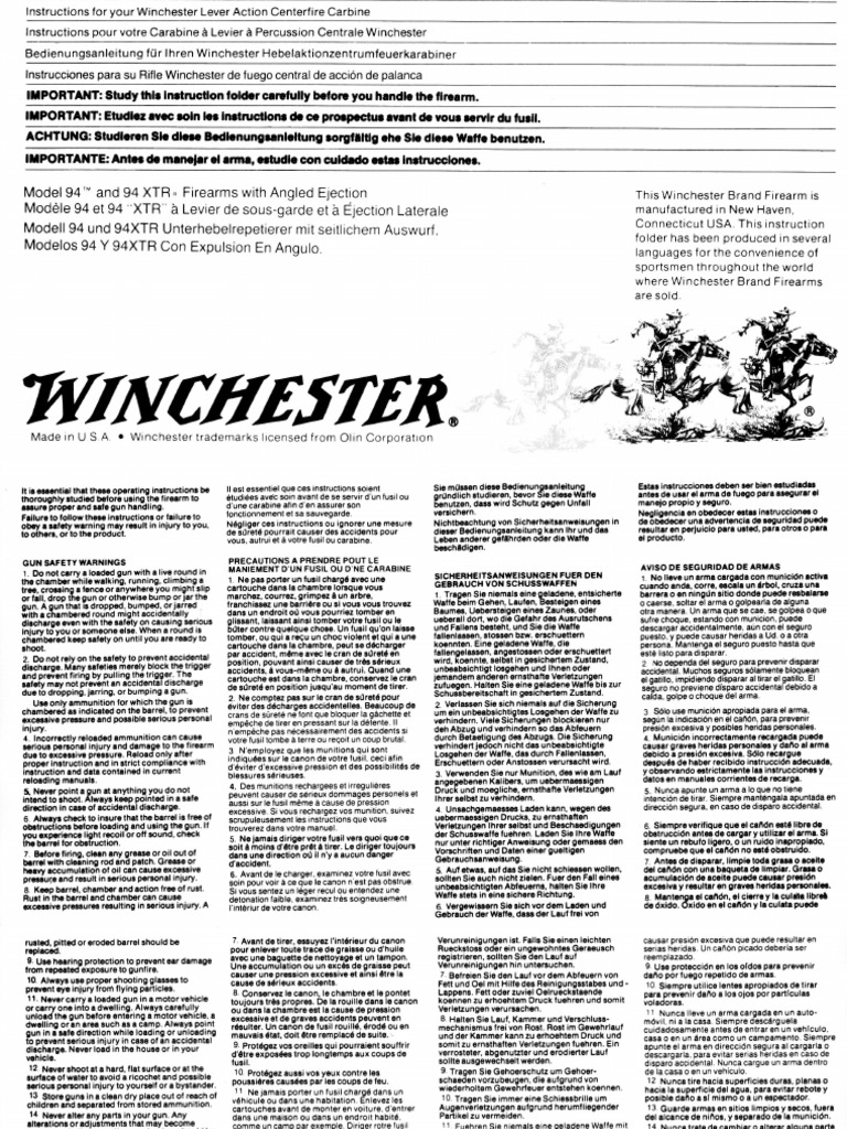 Winchester Model 94 Owners Manual PDF Firearms Hazards