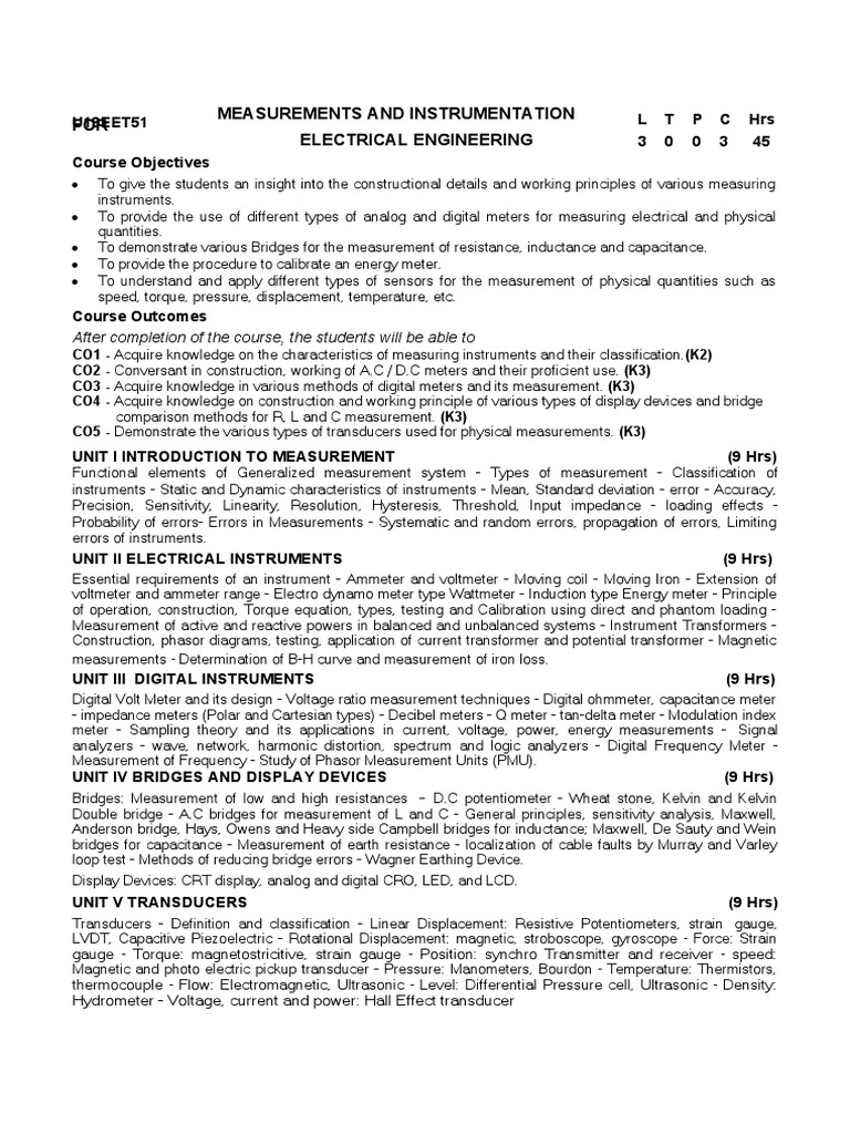 U19EET51MEASUREMENTS AND INSTRUMENTATION Syllabus PDF Sensor Transformer