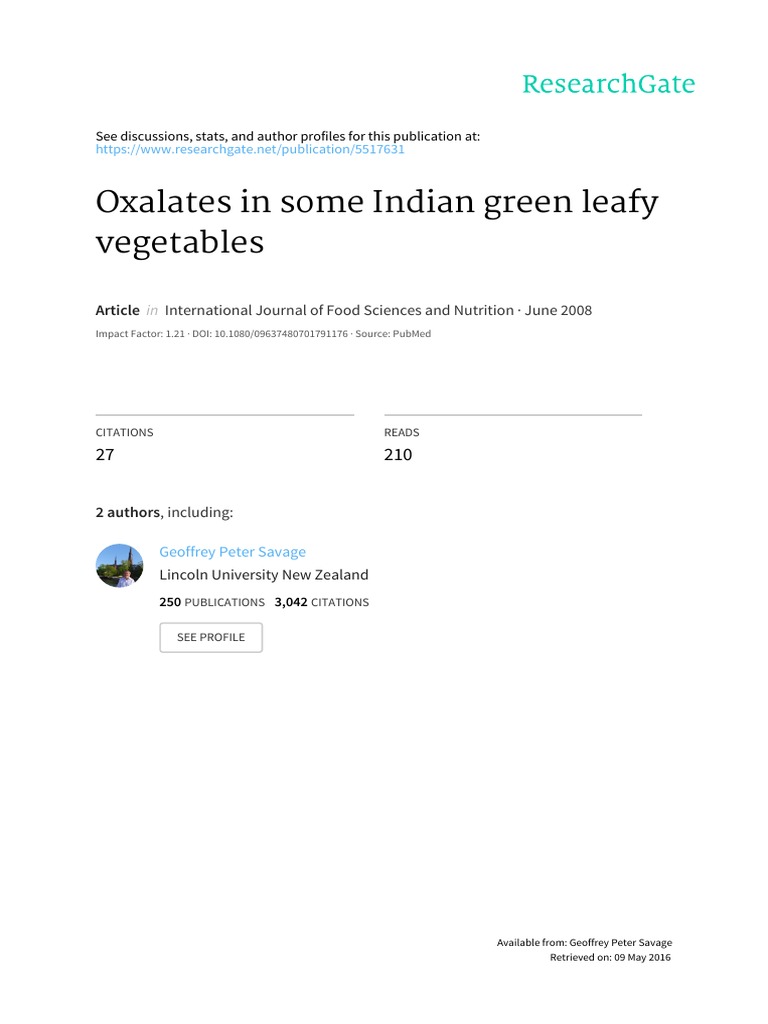 Oxalates in Some Indian Green Leafy Vegetables International Journal
