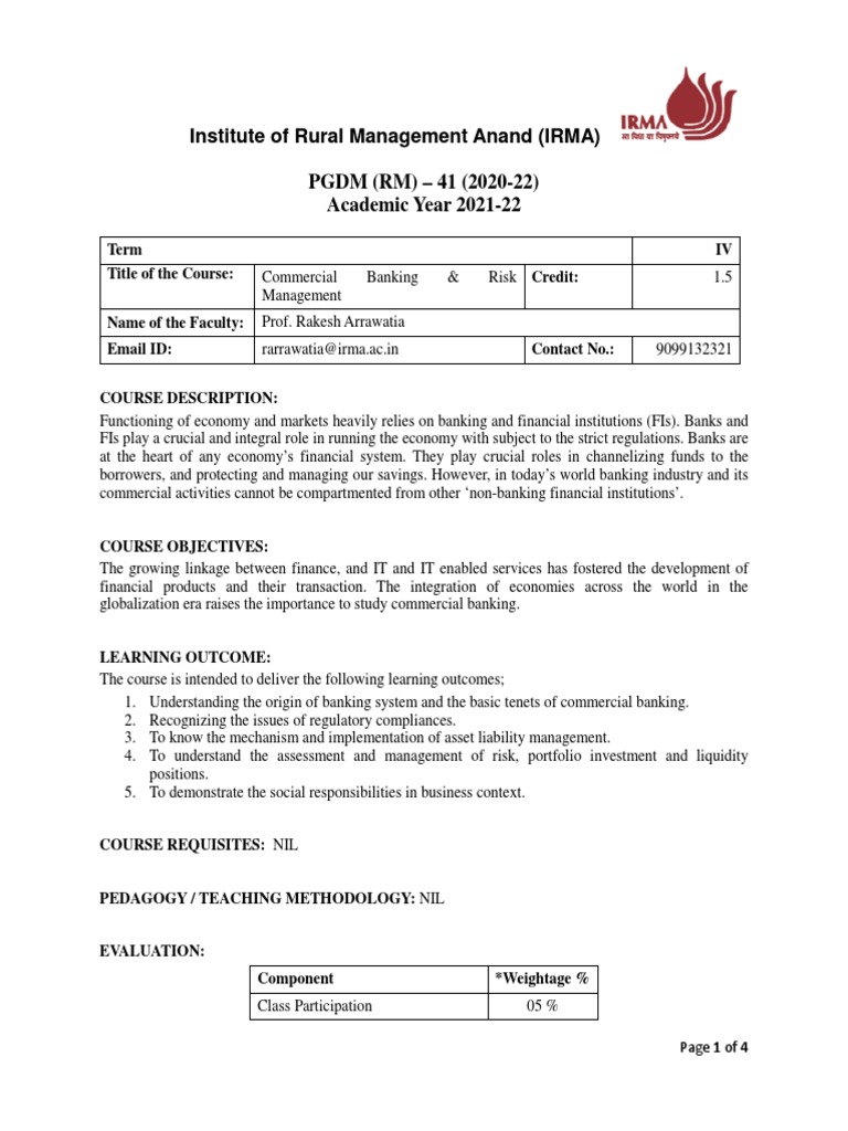 Commercial Banking & Risk Management Course | PDF | Banks | Risk