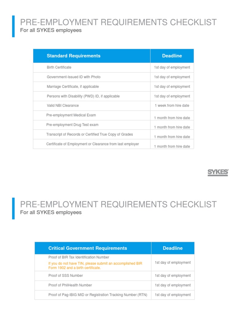 SYKES PreEmployment Requirements PER Guide PDF Identity Document