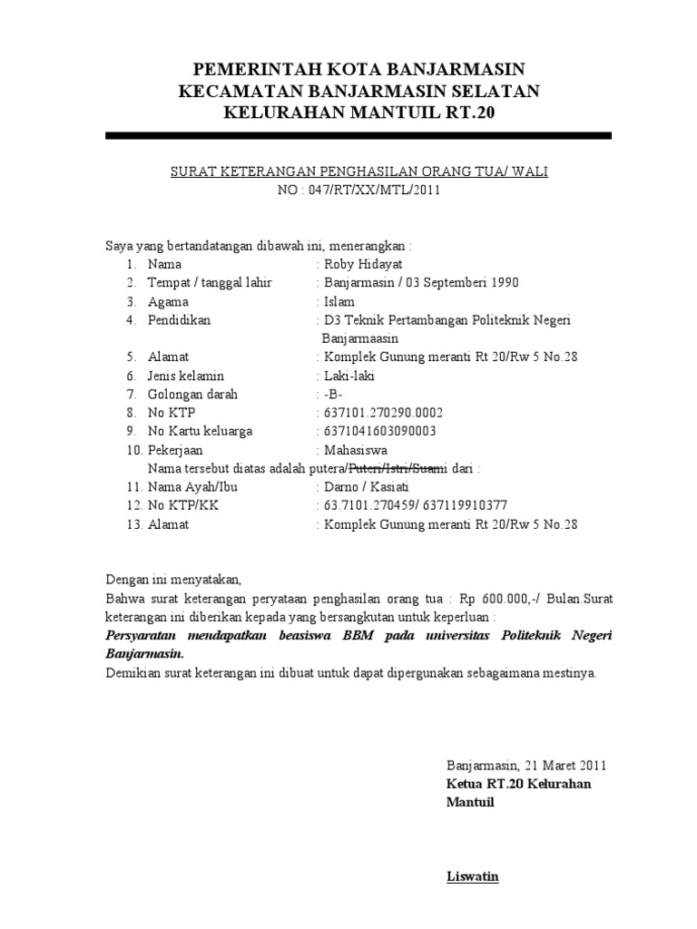 Contoh Surat Keterangan Tidak Mampu Dari Rt Untuk Beasiswa