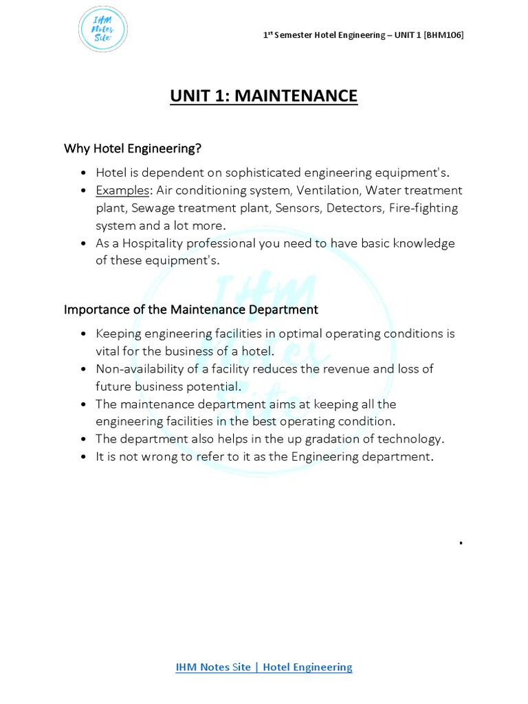 Unit 1 Maintenance IHM Notes Site Hotel Engineering PDF Systems