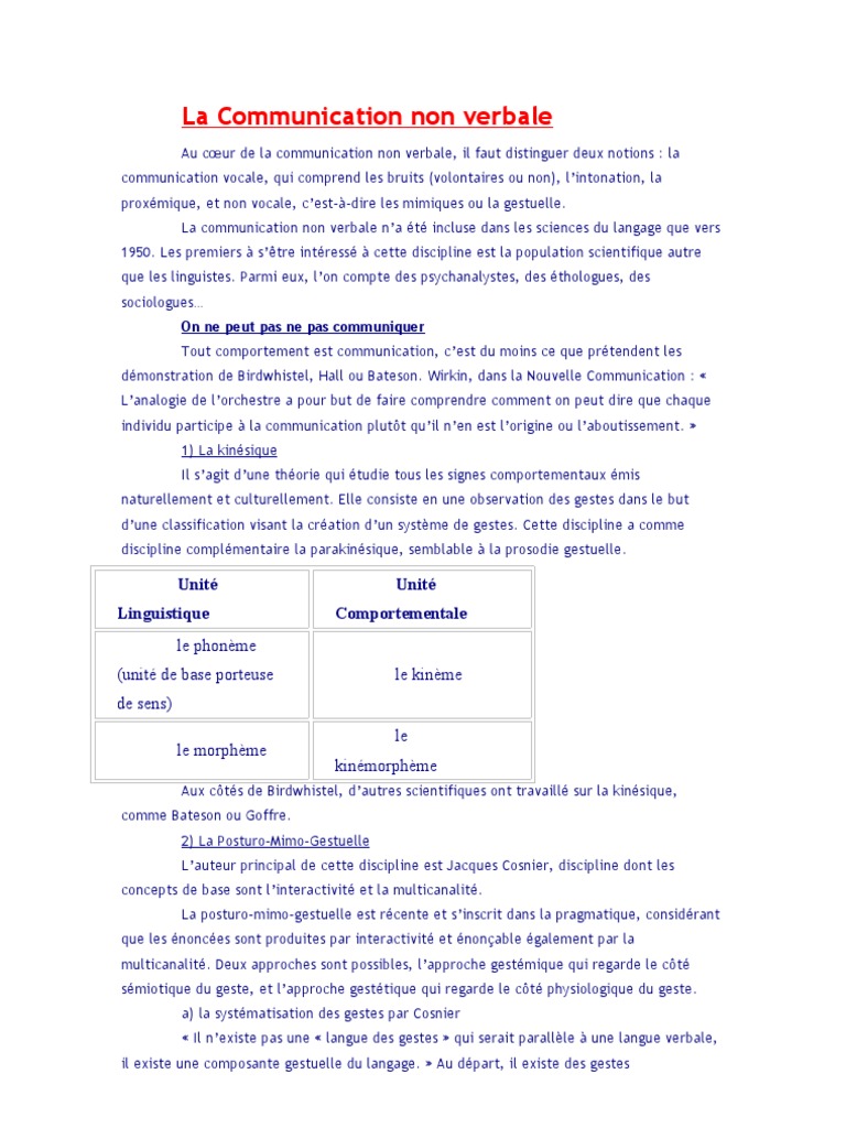 La Kinésique et Communication Non Verbale | PDF | Psychologie | Concept ...