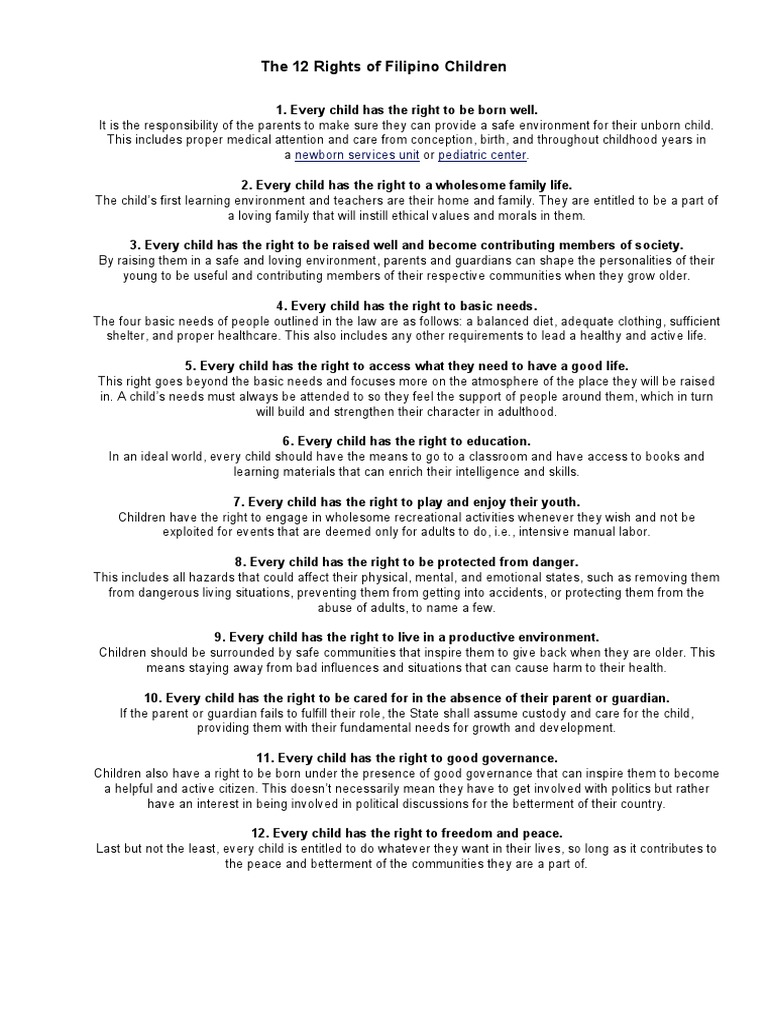 12 Rights of Filipino Children | PDF | Family | Child Custody