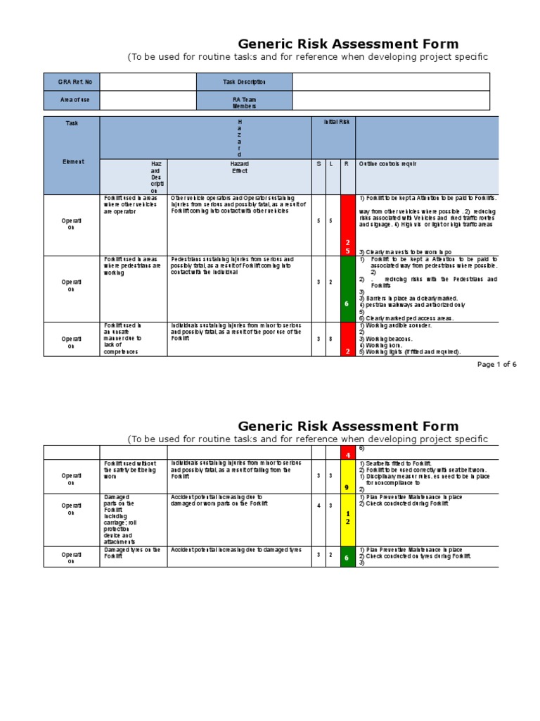Generic Risk Assessment Form: (To Be Used For Routine Tasks and For ...