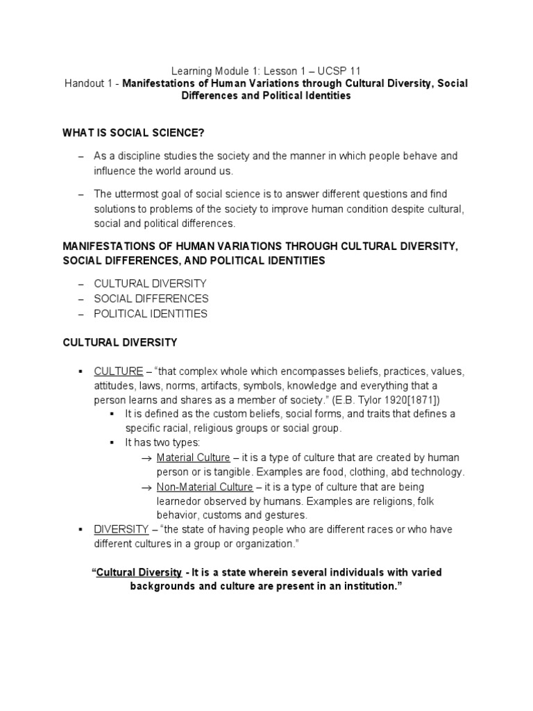 UCSP Lesson 1 Handout - Manifestations of Human Variations Through ...