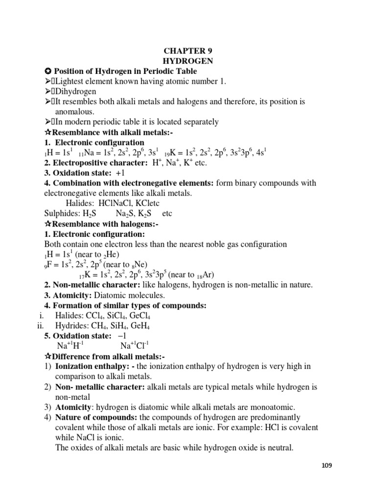 11 Chemistry Notes Ch09 Hydrogen | PDF | Hydrogen | Hydride