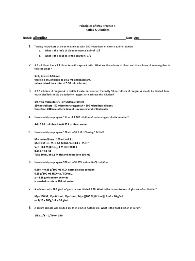 PMLS 1 Lab Math Ratios and Dilutions PDF Saline (Medicine) Chemistry