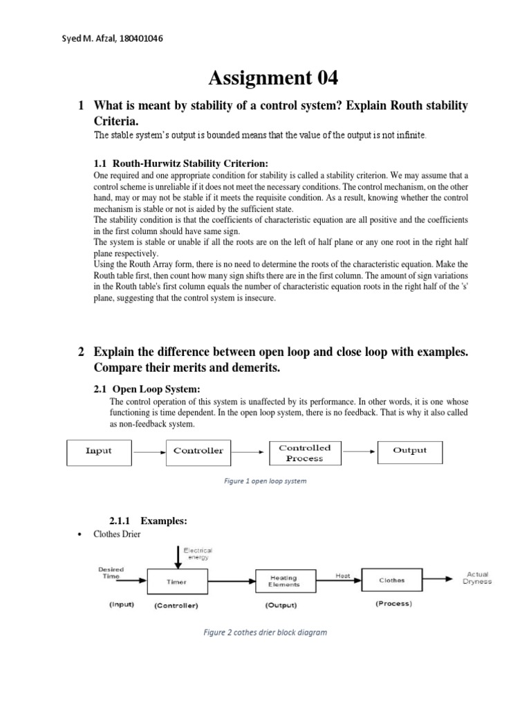 Assignment 04 1 What Is Meant by Stability of A Control System