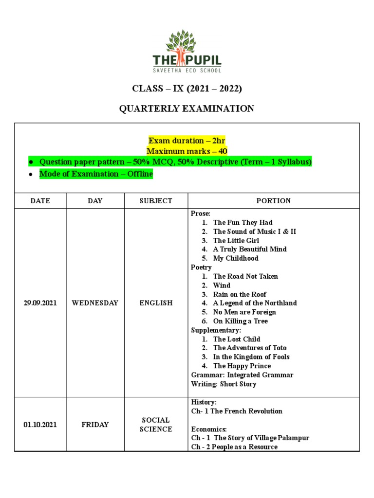Class IX Quarterly Exam Schedule | PDF | Mathematics