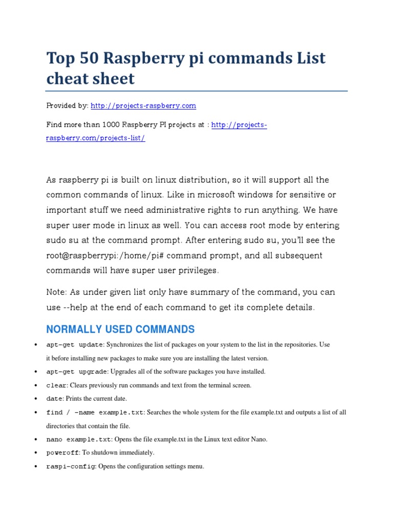 Top 50 Raspberry Pi Commands List Cheat Sheet | PDF | Computer Network ...