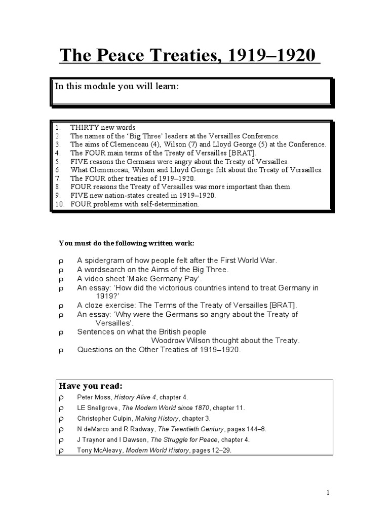 The Peace Treaties, 1919-1920: in This Module You Will Learn | PDF ...