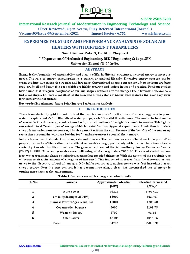 Experimental Study and Performance Analysis of Solar Air Heaters With ...