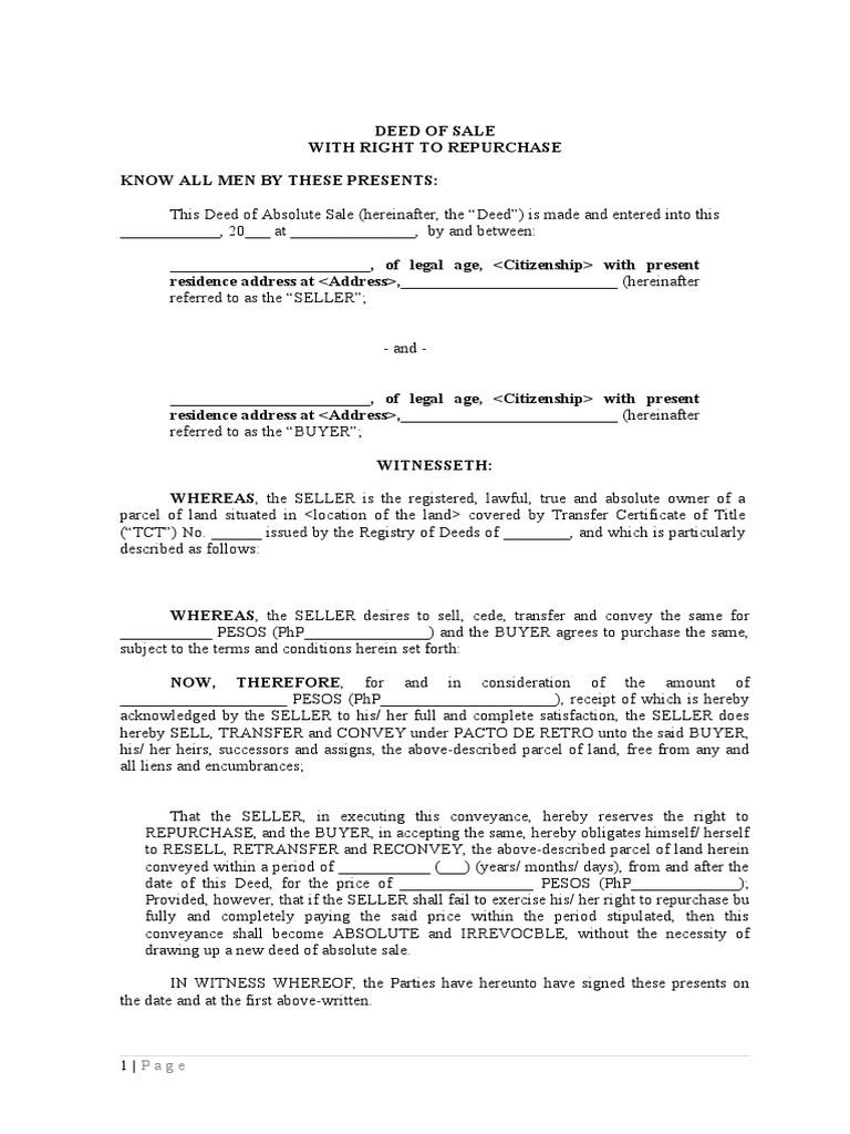 Deed of Sale with Right to Repurchase | PDF | Sales | Conveyancing