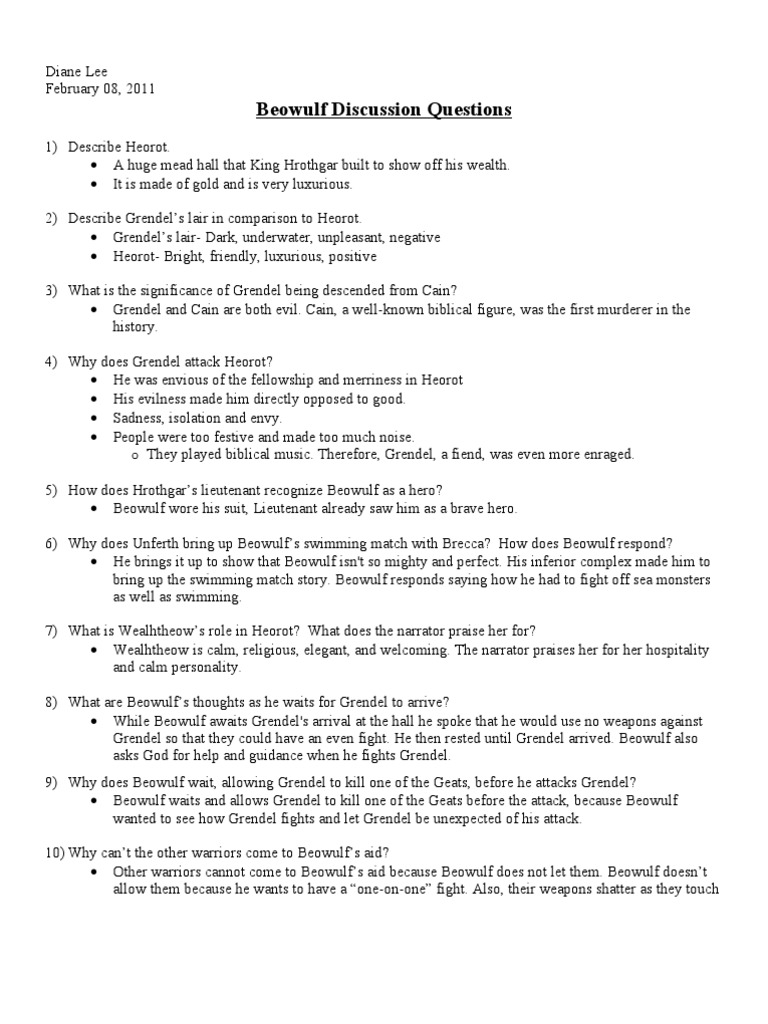 Beowulf - Discussion Questions | PDF