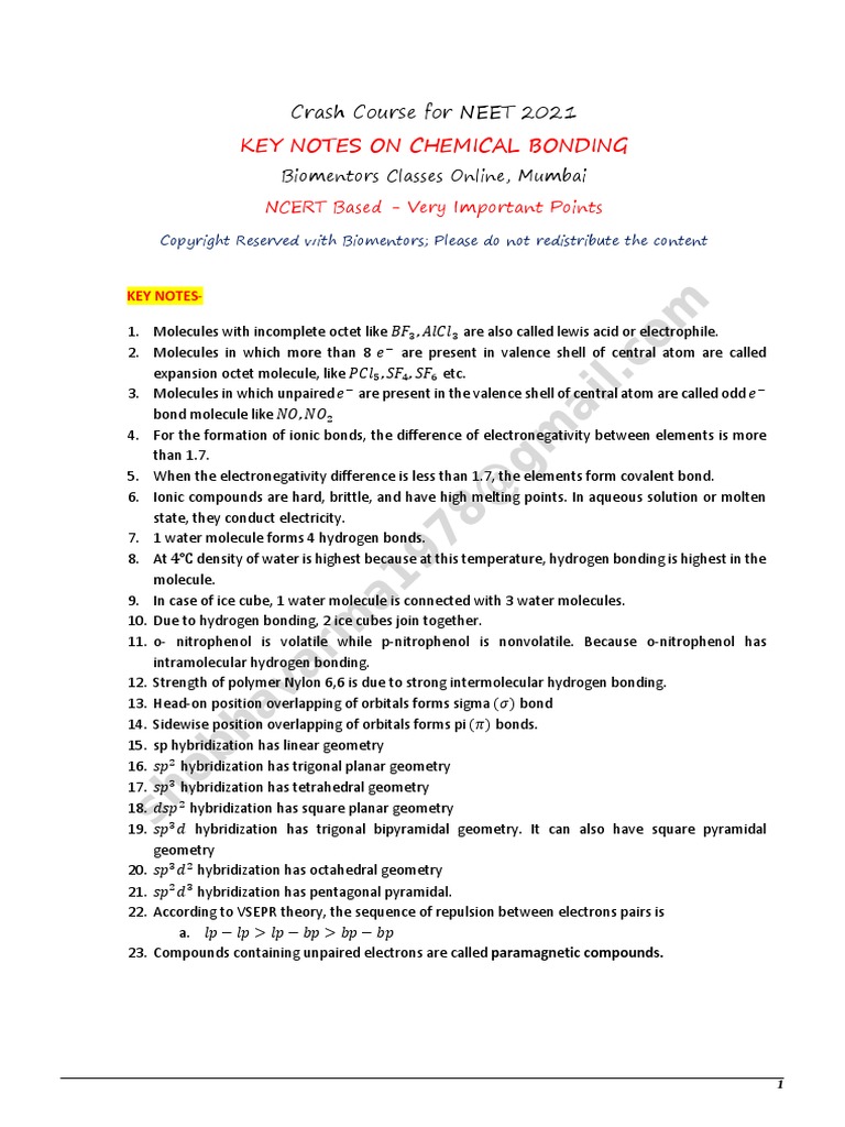 Key Notes On Chemical Bonding: Crash Course For NEET 2021 | PDF ...
