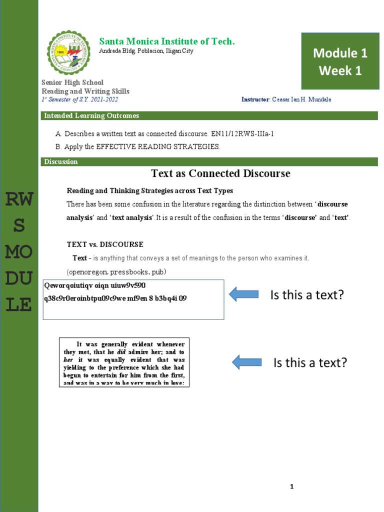 Reading and Writing MODULE 1 PDF Speed Reading Communication