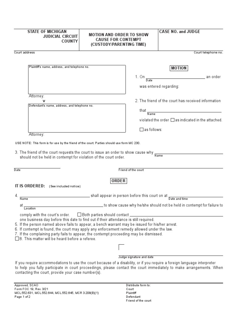State of Michigan Judicial Circuit County Motion and Order To Show ...
