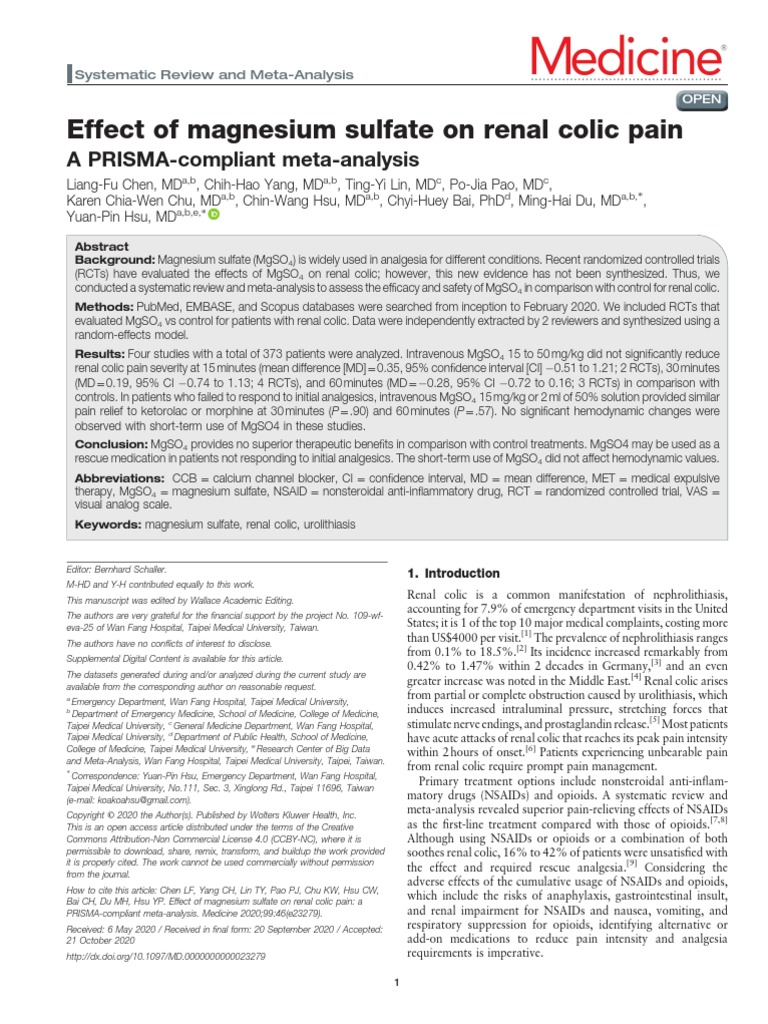 Medicine Effect of Magnesium Sulfate On Renal Colic Pain PDF