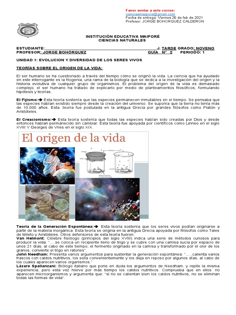 Guia #2 Biologia - Teorias Sobre El Origen de La Vida | PDF | Ciencias ...