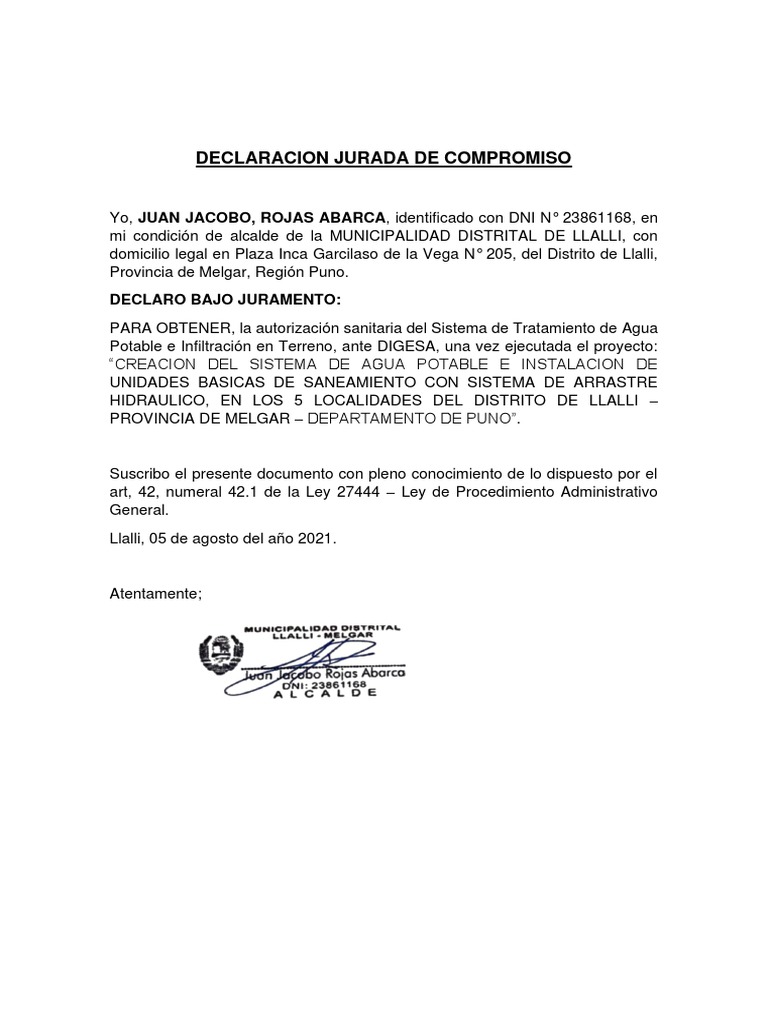 Declaracion Jurada de Compromiso Digesa | PDF