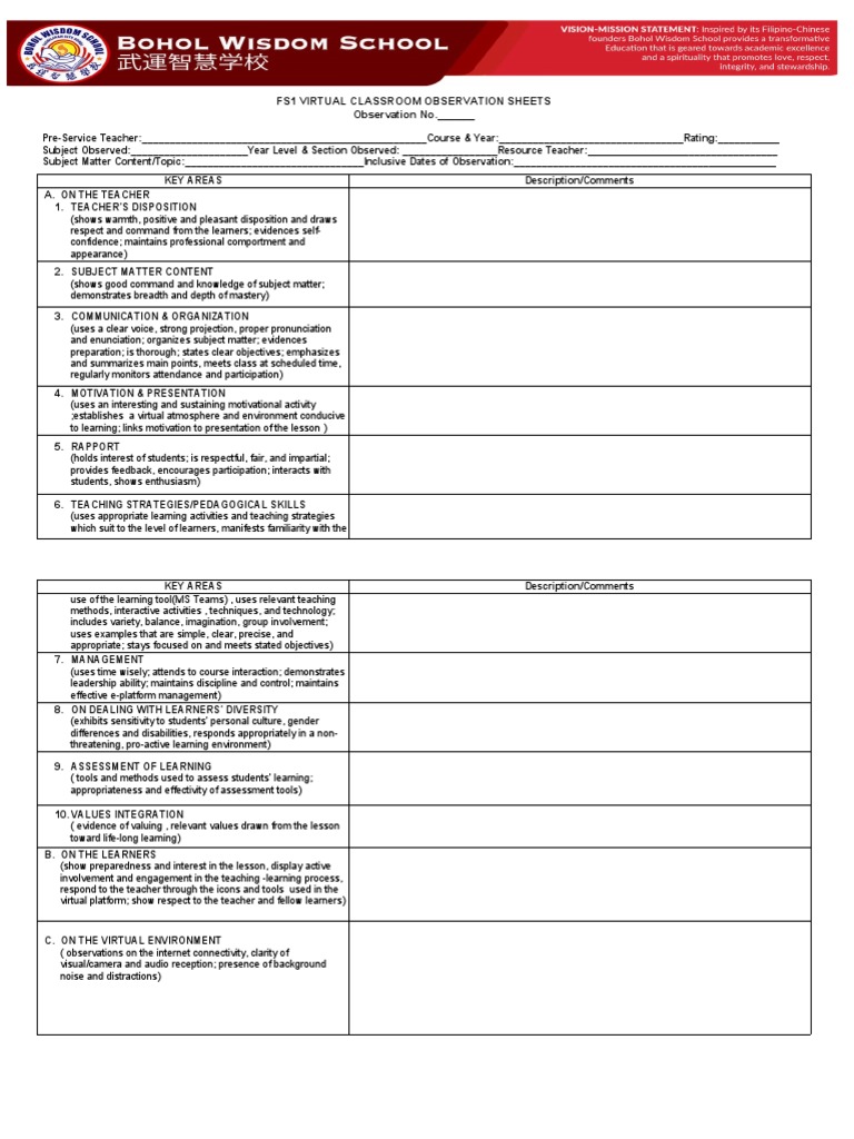 Fs1 Virtual Classroom Observation Sheets Observation No Pdf