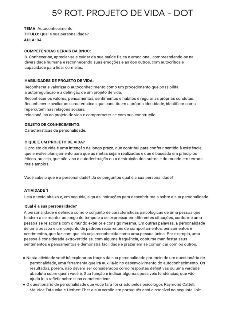 5º ROT. DOT (Versão Aluno) | PDF | Emoções | Psicologia