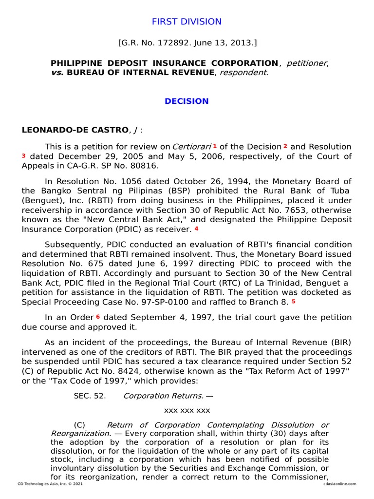 Philippine Deposit Insurance Corp V BIR PDF Liquidation Receivership