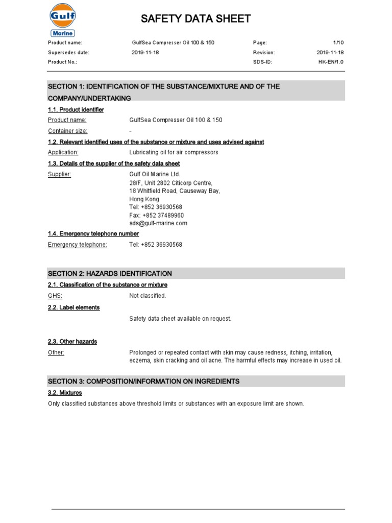 GulfSea Compressor Oil 100 & 150 MSDS | PDF | Dangerous Goods | Chemistry
