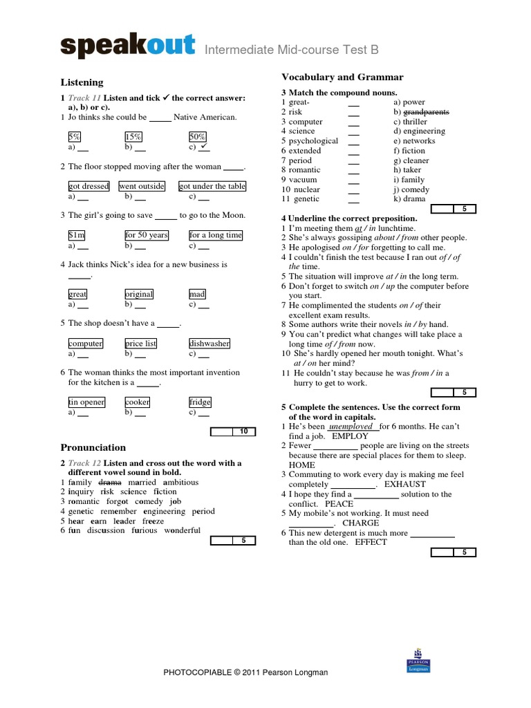 Intermediate Mid-Course Test B: Listening Vocabulary and Grammar | PDF