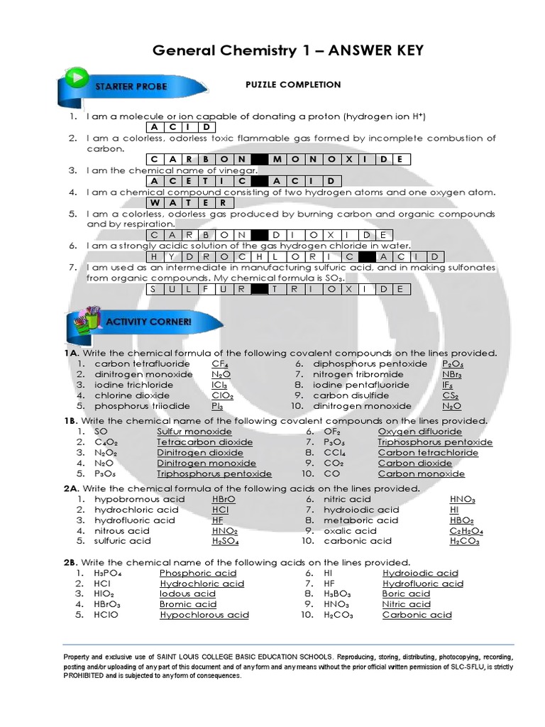 General Chemistry 1 Answer Key | PDF | Acid | Nitrogen