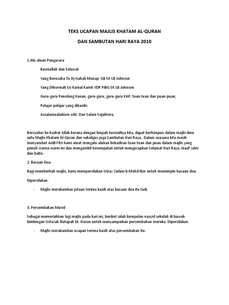 Teks Ucapan Kepada Pelajar Yang Khatam Alquran