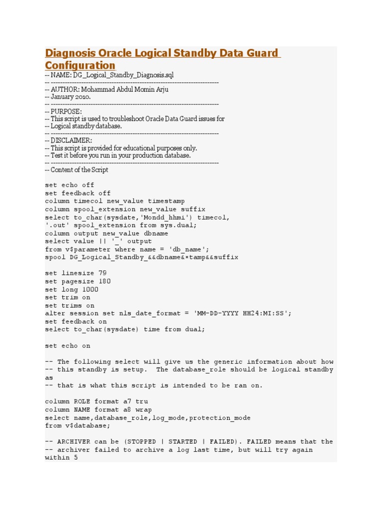 Diagnosis Oracle Logical Standby Data Guard Configuration and Scripts ...