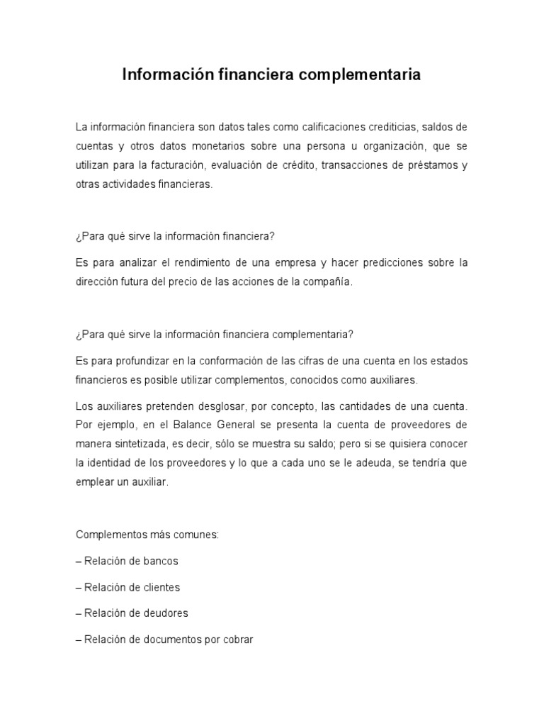 Información Financiera Complementaria | PDF | Estado financiero ...