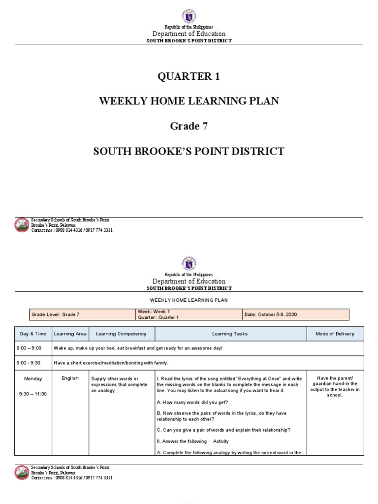 Grade 7 Weekly Learning Plan | PDF | Scientific Method | Teachers