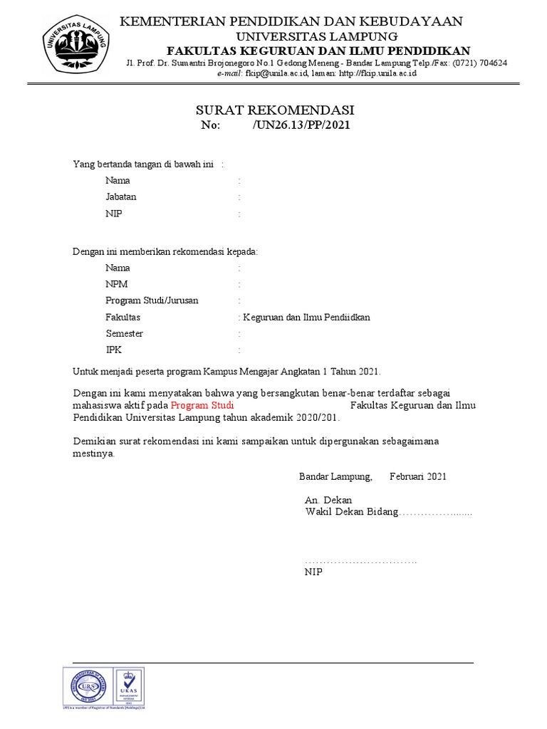 Surat Rekomendasi Mahasiswa Unila | PDF
