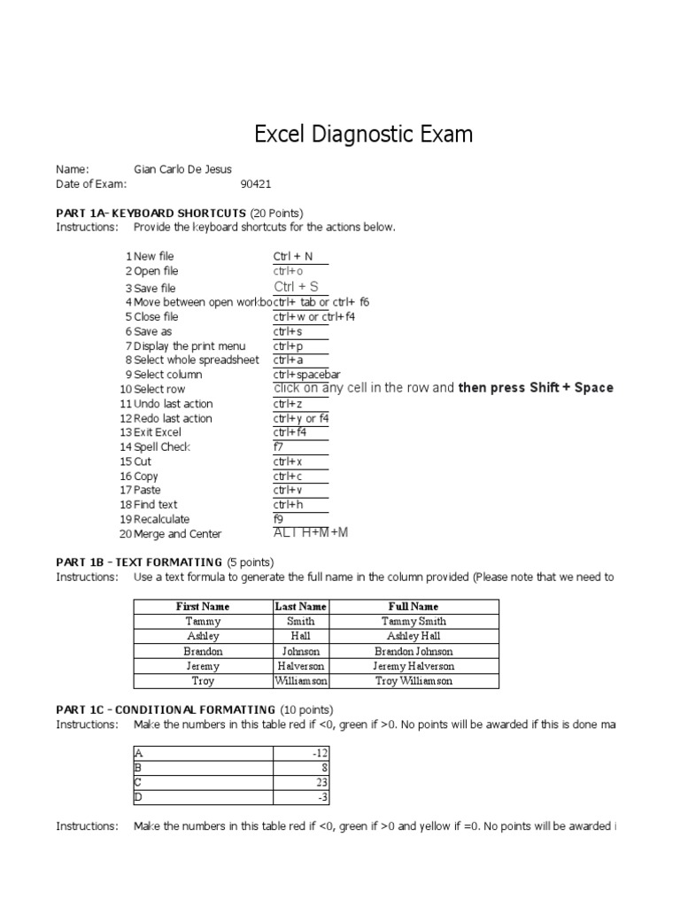 Excel Diagnostic Exam PDF Customer Satisfaction Microsoft Excel