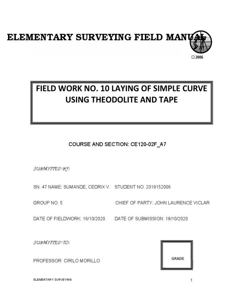 Sumande - Field Work No.10 - Laying of Simple Curve Using Theodolite ...