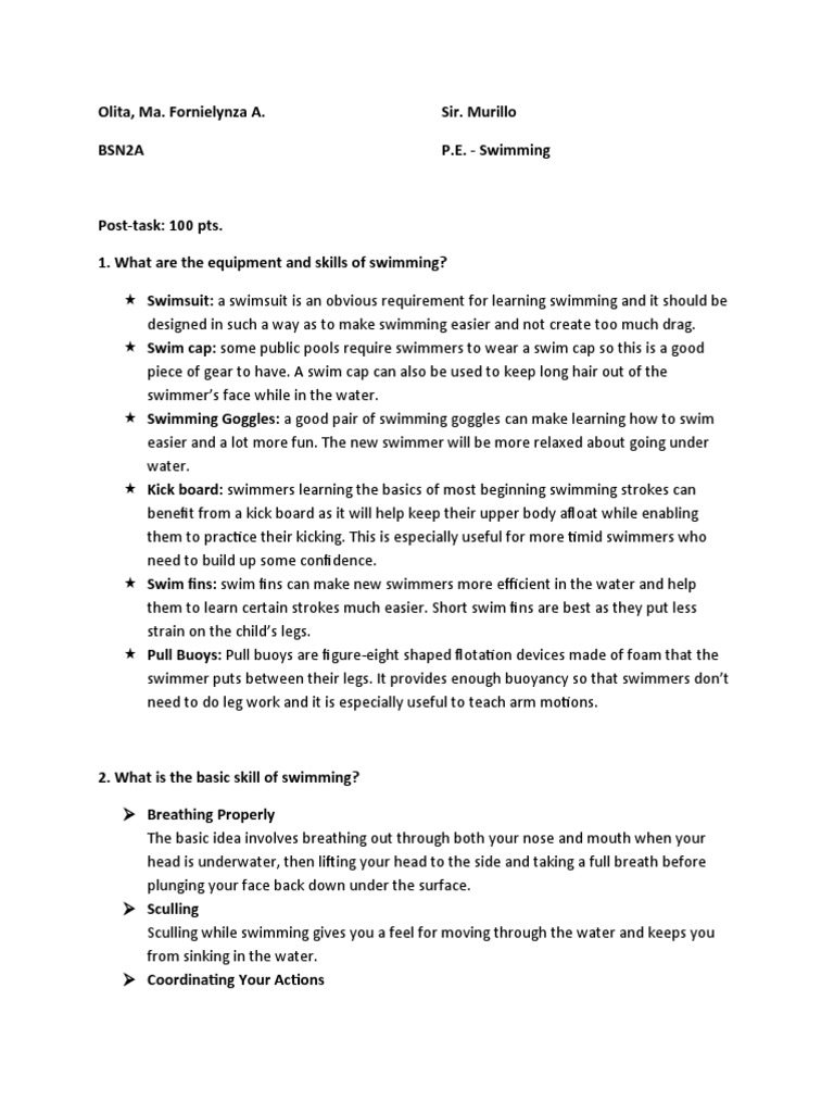 Swimming Equipment and Skill PDF Swimming Water Sports