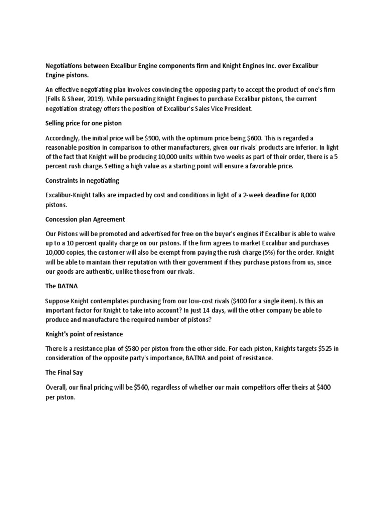Negotiations Between Excalibur Engine Components Firm and Knight