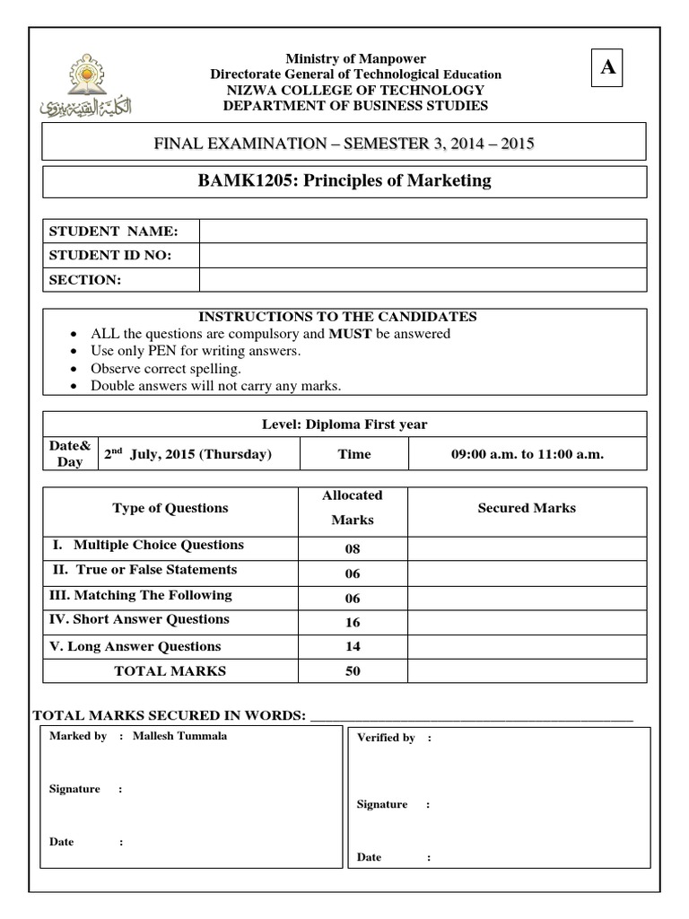 Principles of Marketing Final Exam Paper | PDF | Marketing | Pricing