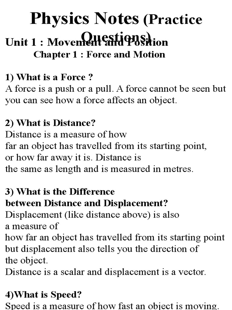 Physics Notes: (Practice Questions) | PDF | Velocity | Acceleration