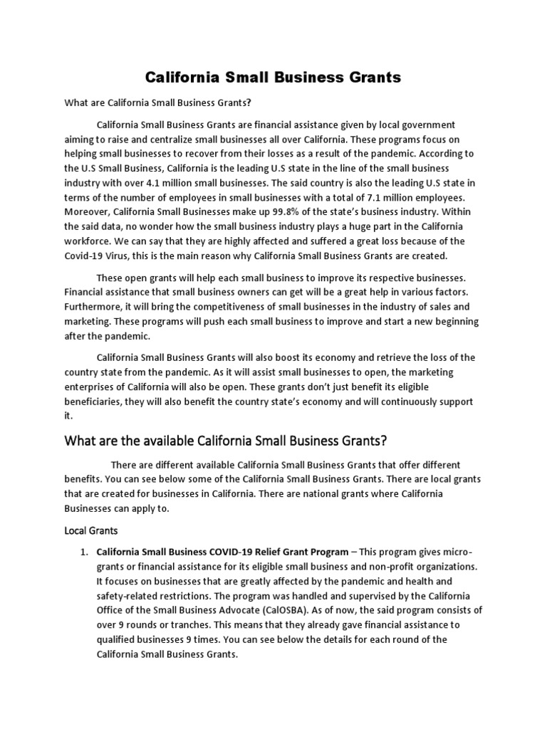California Small Business Grants Final PDF Business Economies