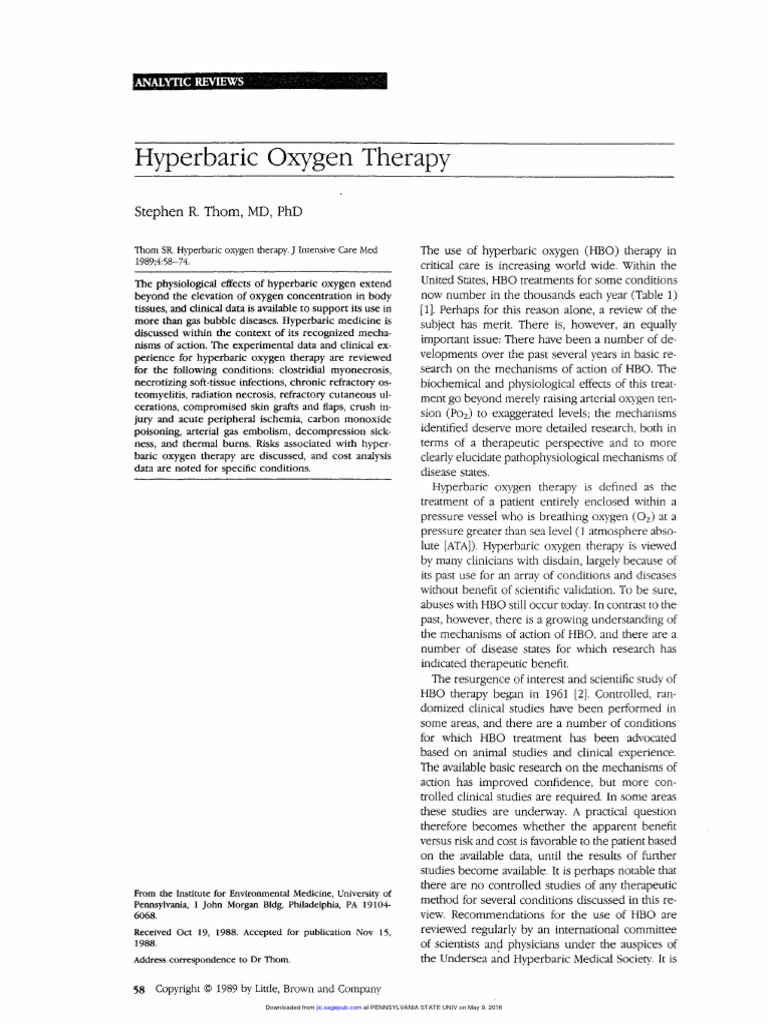 Hyperbaric Oxygen Therapy | PDF | Surgery | Therapy
